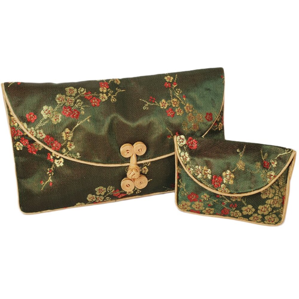 Chinese Style Brocade Pouch & Coin Purse Matching Set w/ Floral Pattern